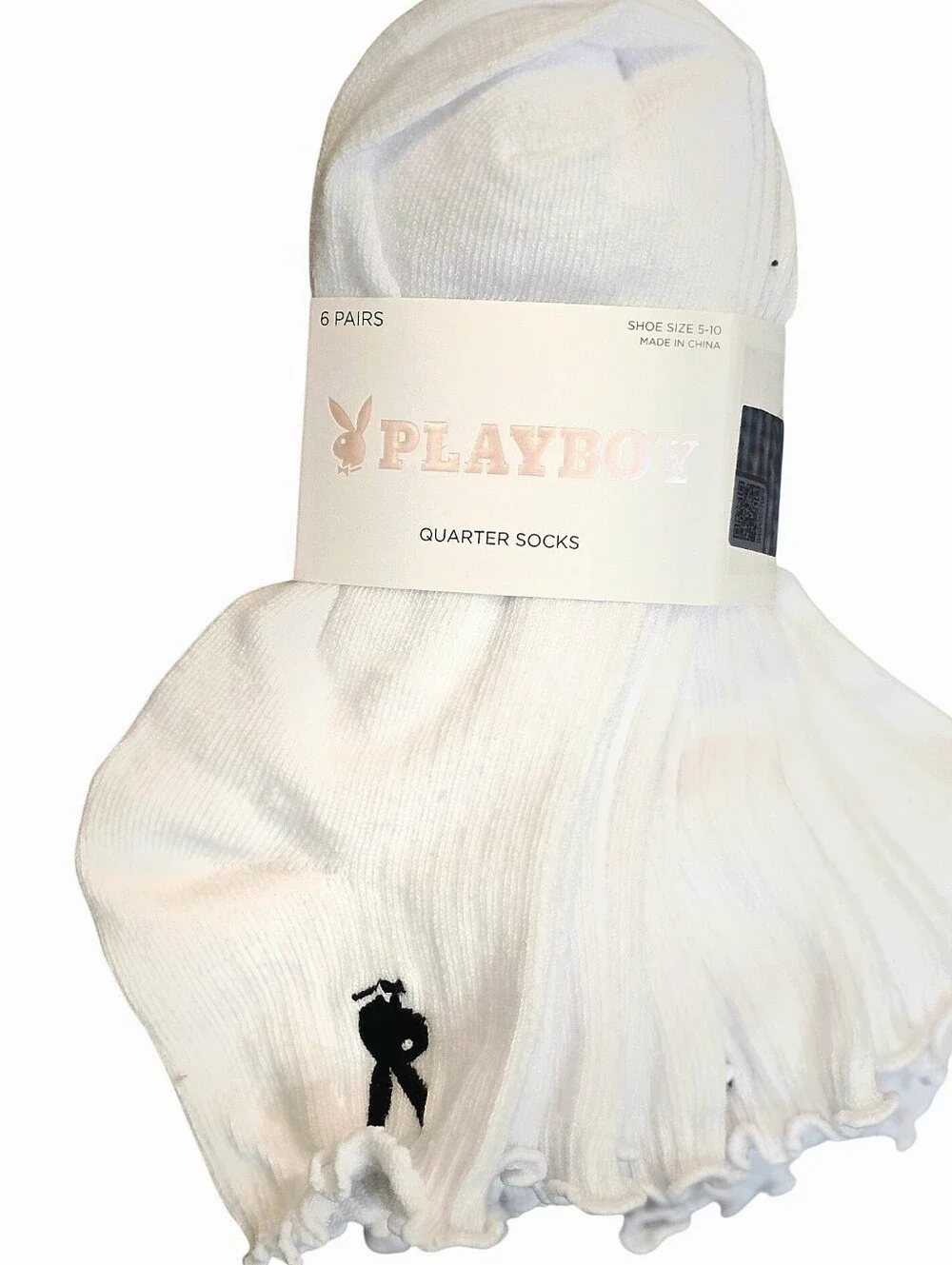 Playboy 6-PK Bunny Logo Ruffled Quarter Socks- White/Black
